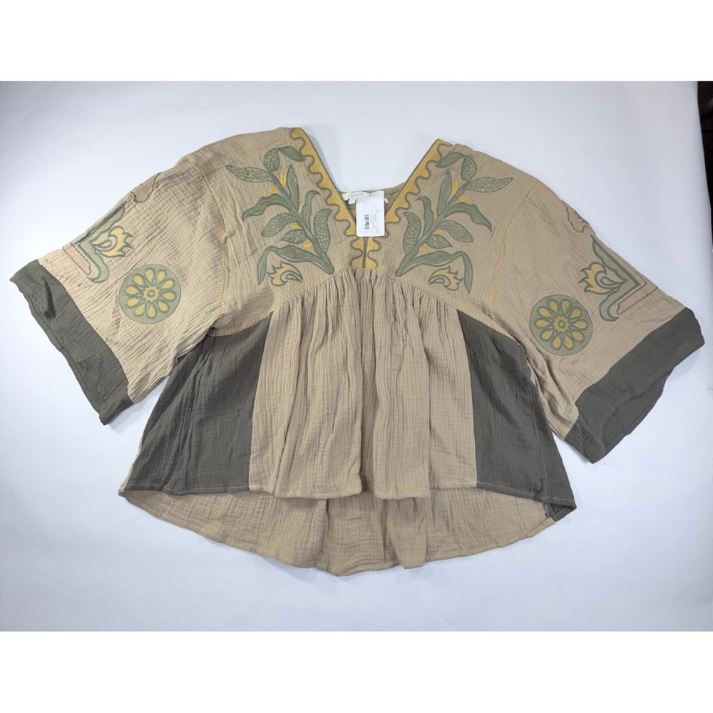 NEW Veveret Tunic Top Women L Olive Cotton Gauze Embroidered Boho Peasant Hippie